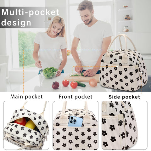 Carry bloom flower-black corduroy lunch bag side pocket for drinks