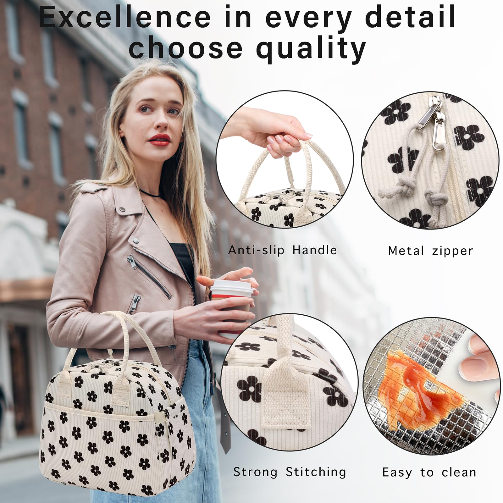 Carry bloom insulated corduroy lunch bag large capacity for containers