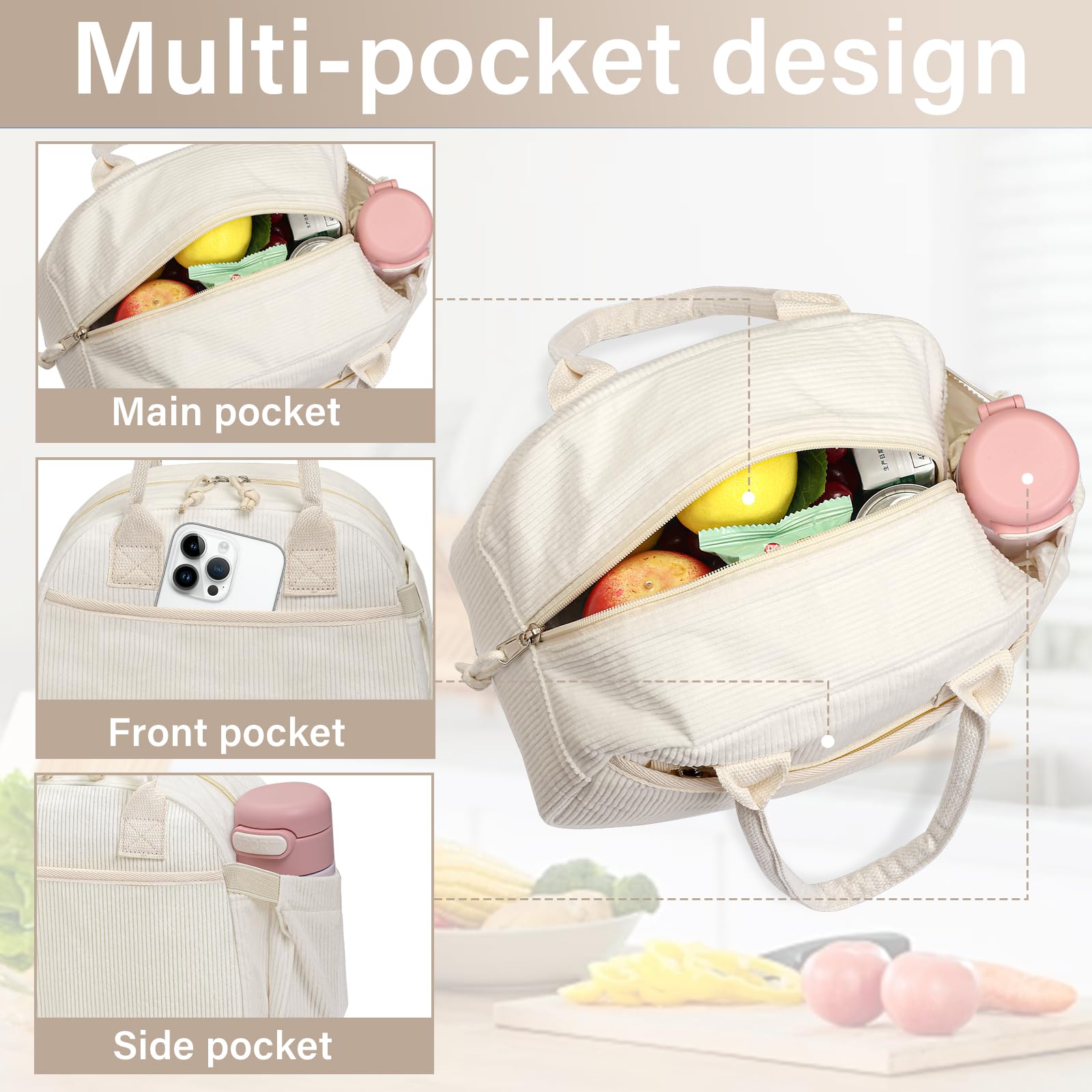 Carry bloom lunch bag large capacity for containers and snacks.