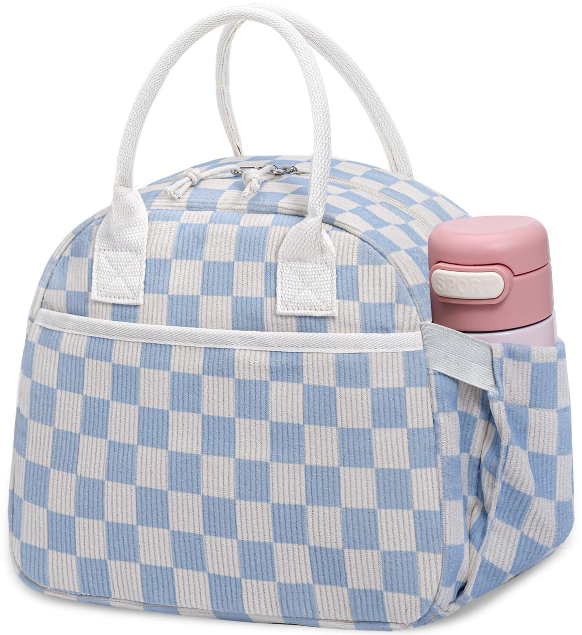 Carry Bloom lunch box with corduroy checkered blue and white exterior showing style and practicality