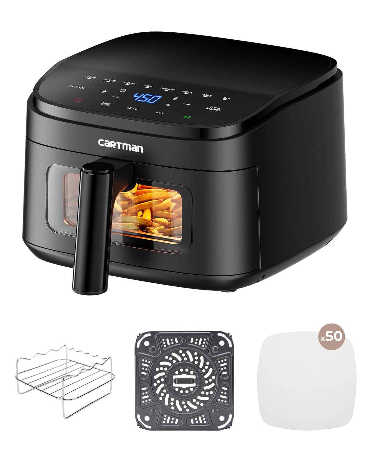 Cartman 4QT compact air fryer shown under-cabinet for space-saving kitchens.