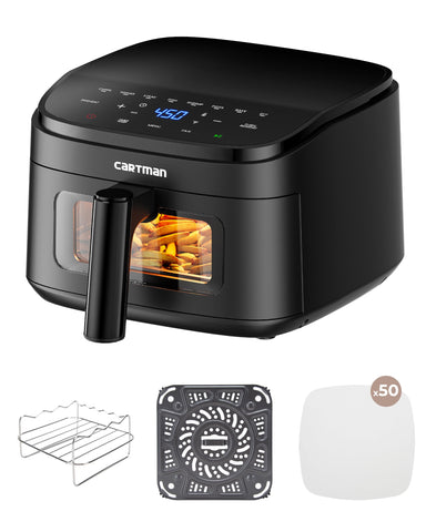 Cartman 4QT compact air fryer shown under-cabinet for space-saving kitchens.