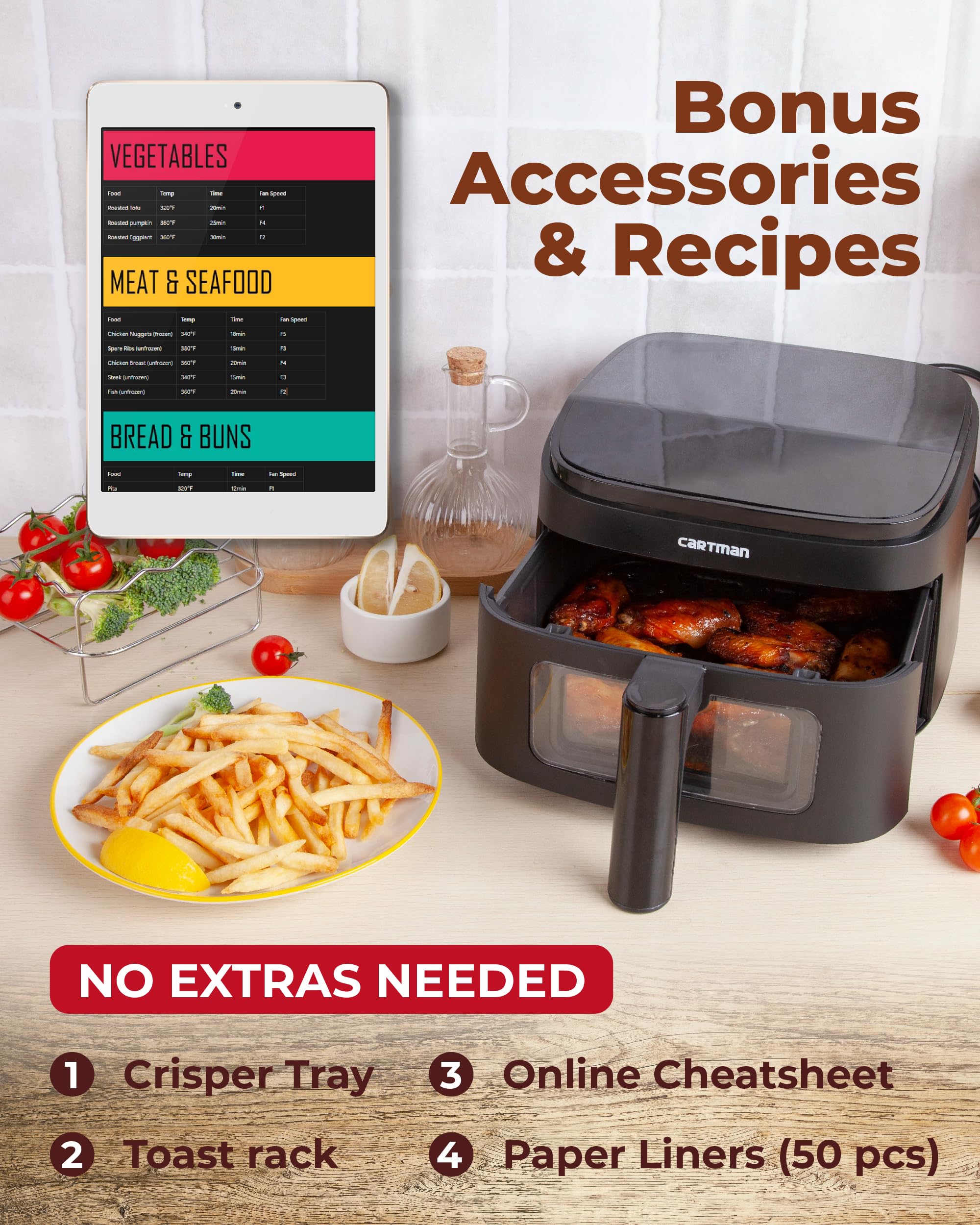 Cartman accessories kit includes liners, rack, and cheatsheet.
