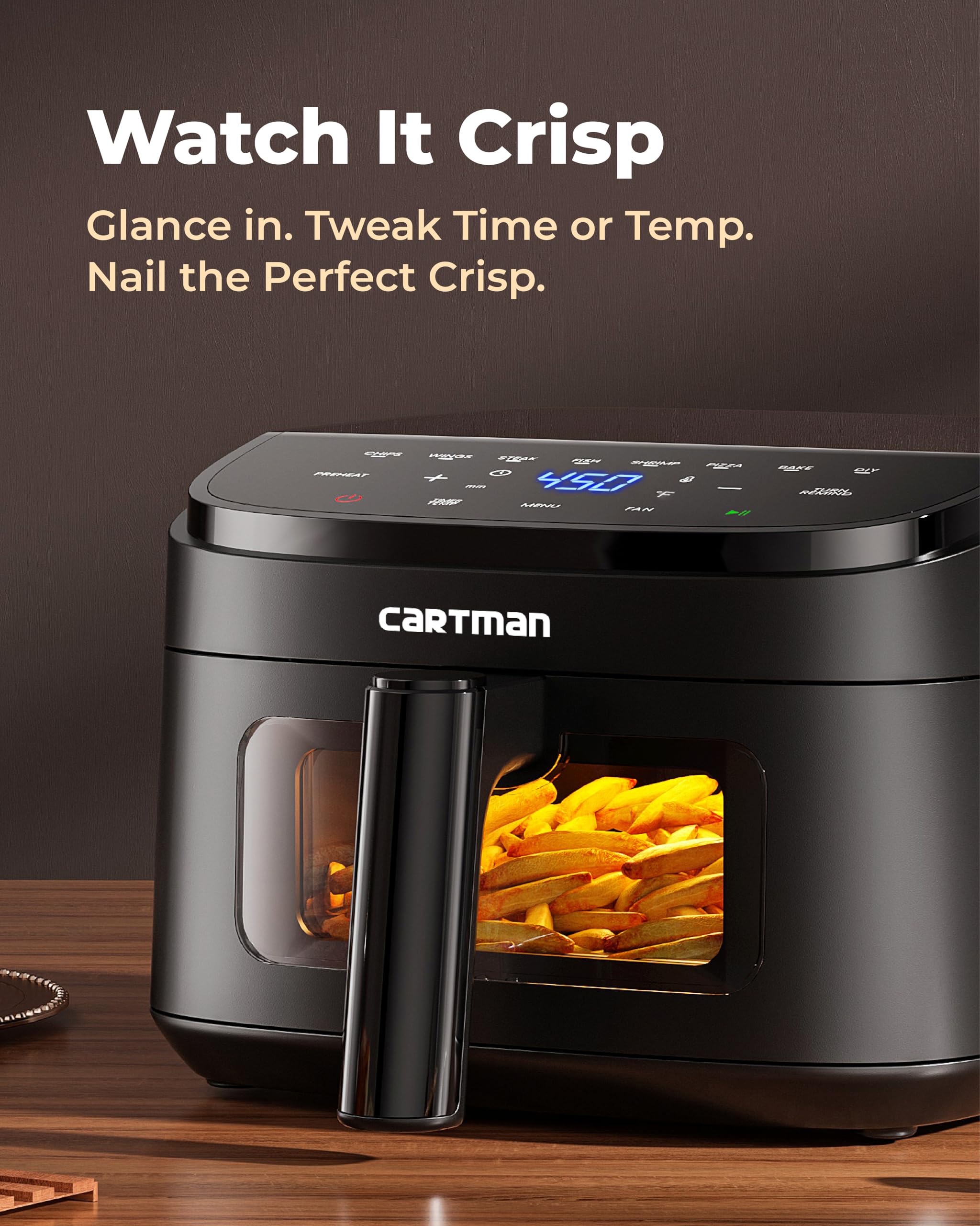 Cartman compact air fryer reaches 450 F for fast meals.