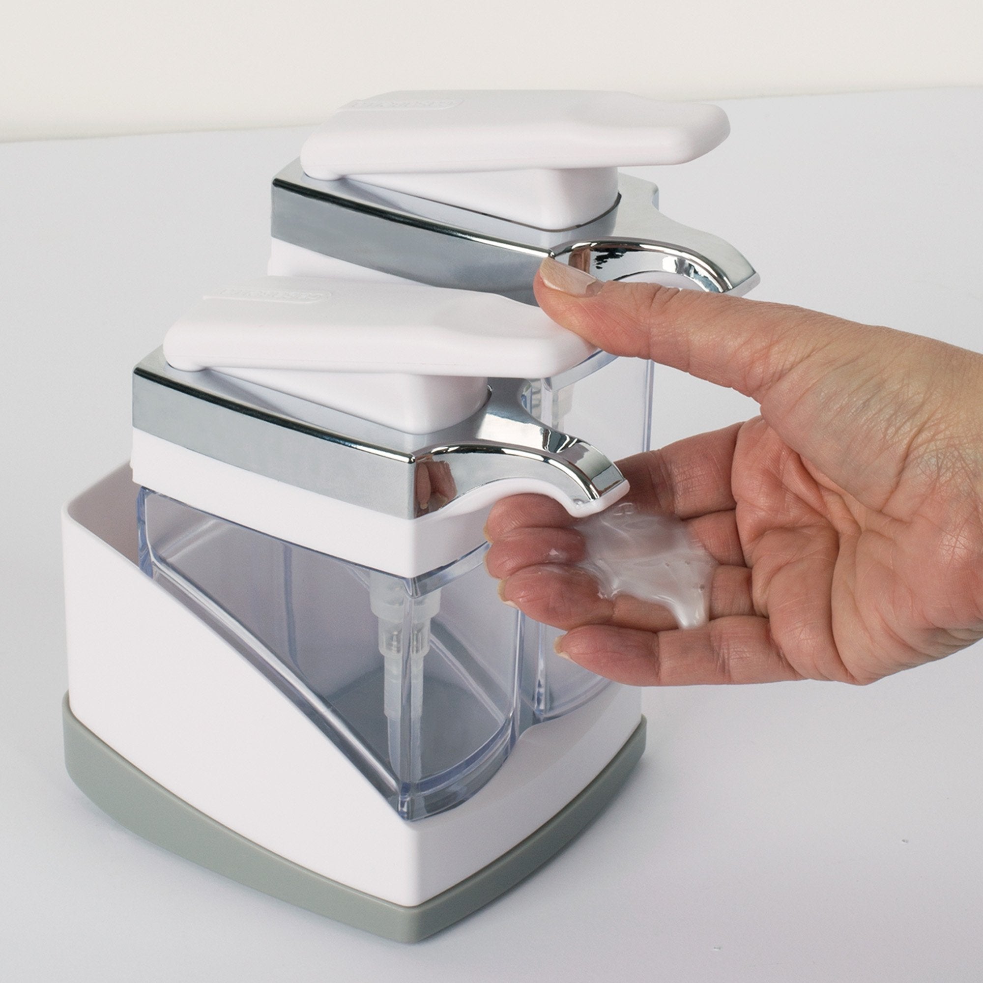 Casabella Sink Sider Duo one-hand dispense makes soap access easier.