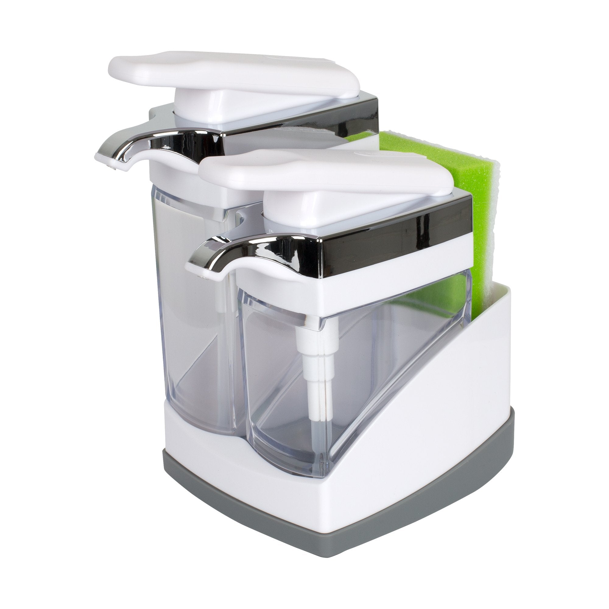 Casabella Sink Sider Duo with white chrome pump for quick handwashing.