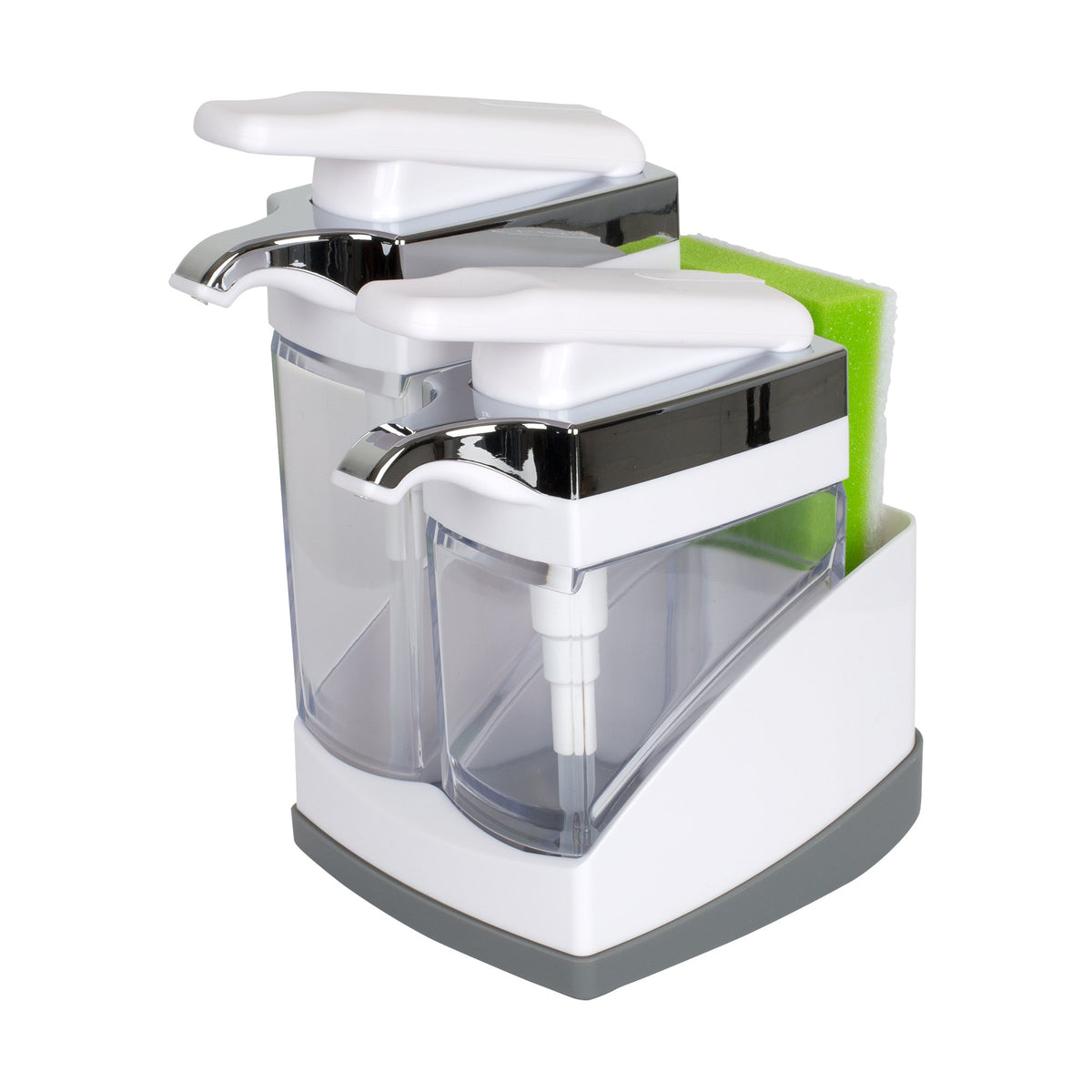 Casabella Sink Sider Duo with white chrome pump for quick handwashing.