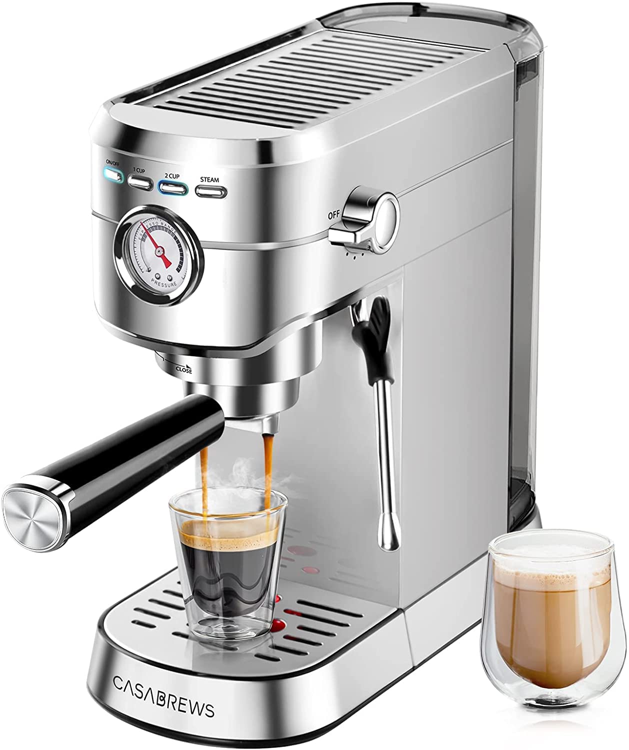 CASABREWS cm5418 portafilter in use delivers clean, steady shots with a sturdy handle.