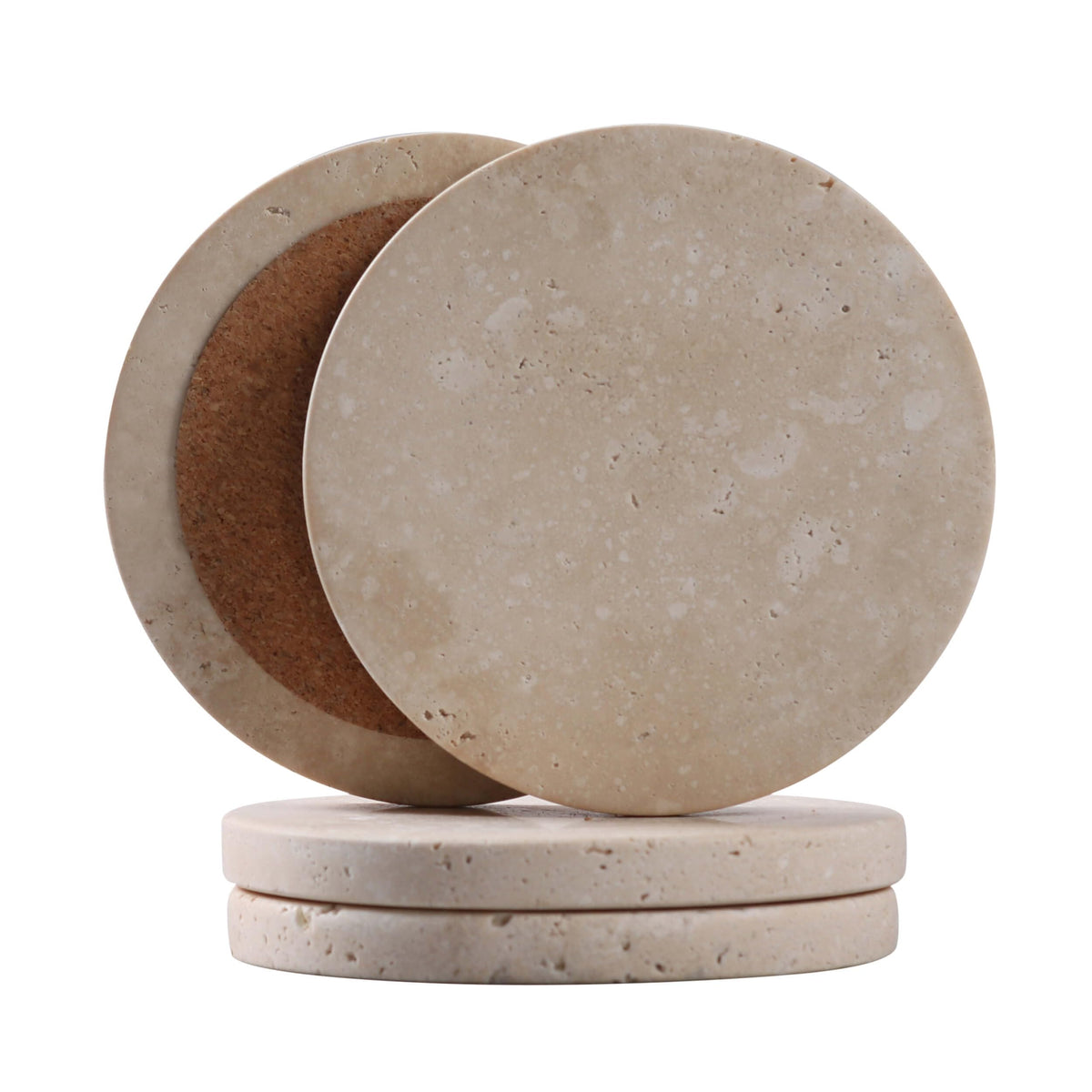 CASACOUTURE travertine coaster with cork bottom protects surfaces