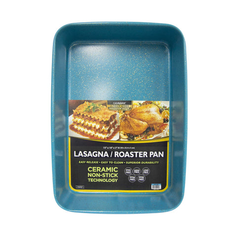 CasaWare blue granite ceramic lasagna pan, top view, easy release and baking.