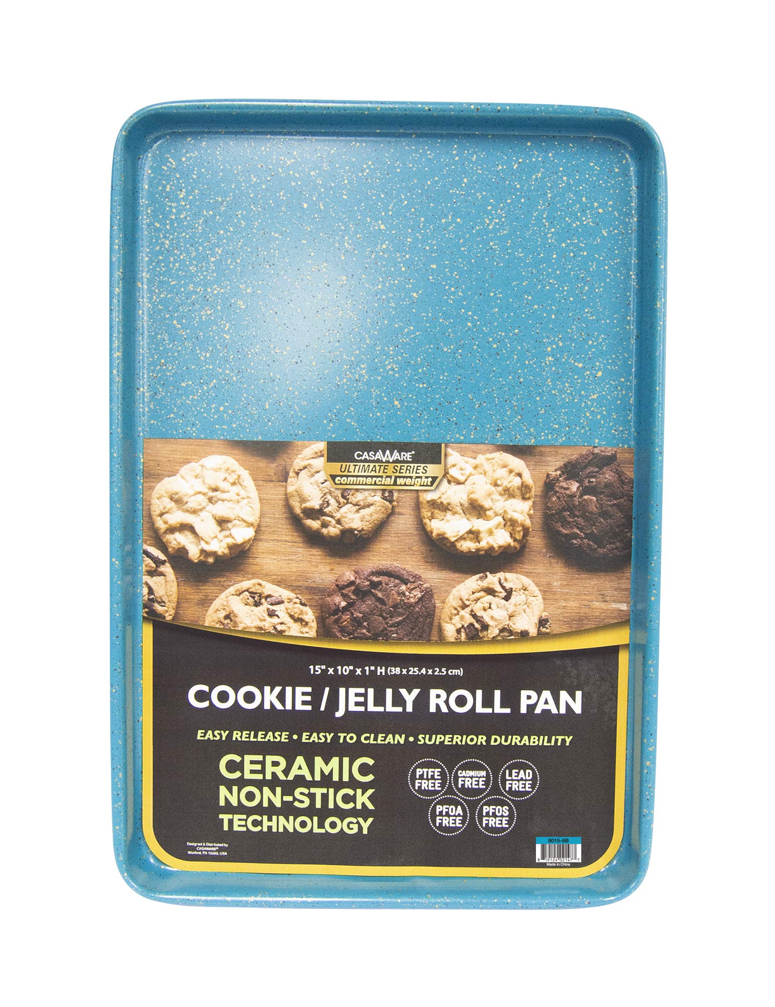 Casaware blue granite pan side view shows easy release for cookies