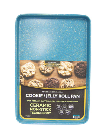 Casaware blue granite pan side view shows easy release for cookies