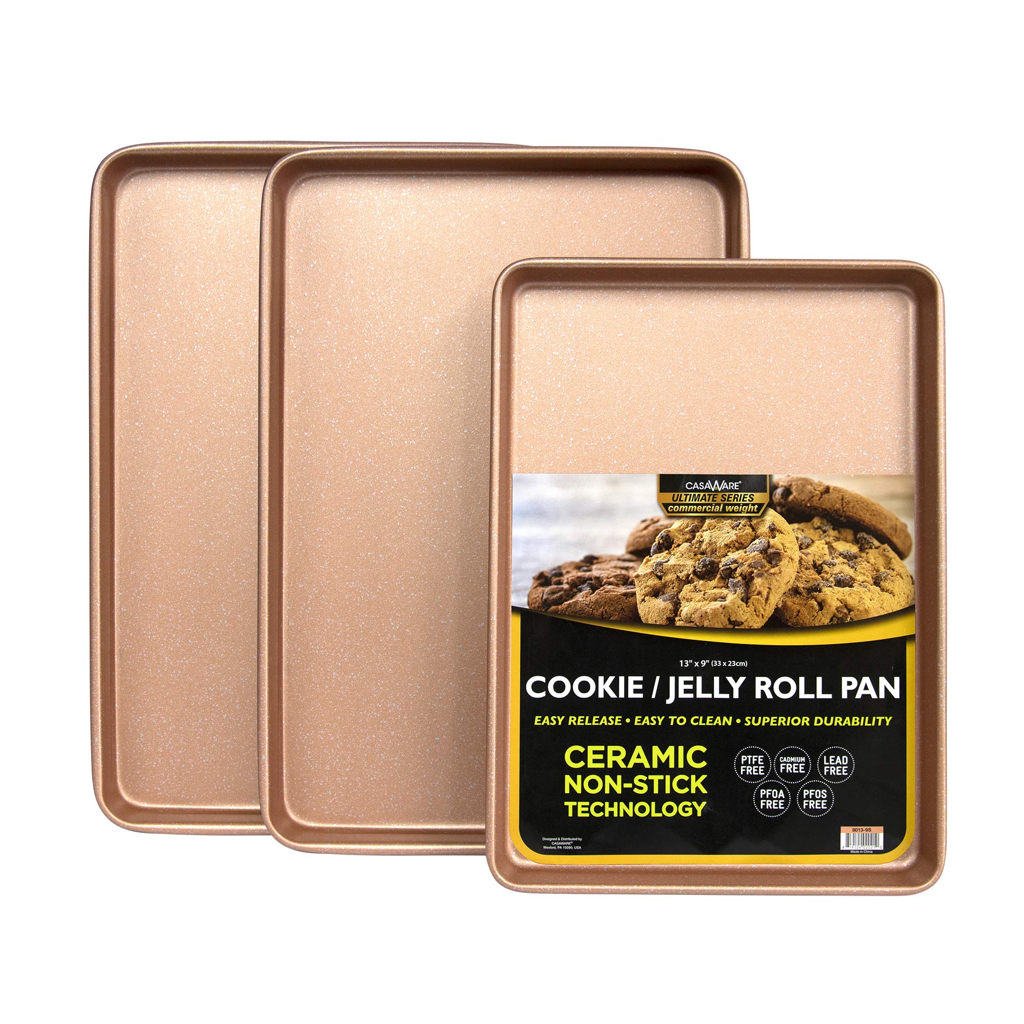 Casaware cookie sheet with rose gold granite surface for stylish, easy release baking.