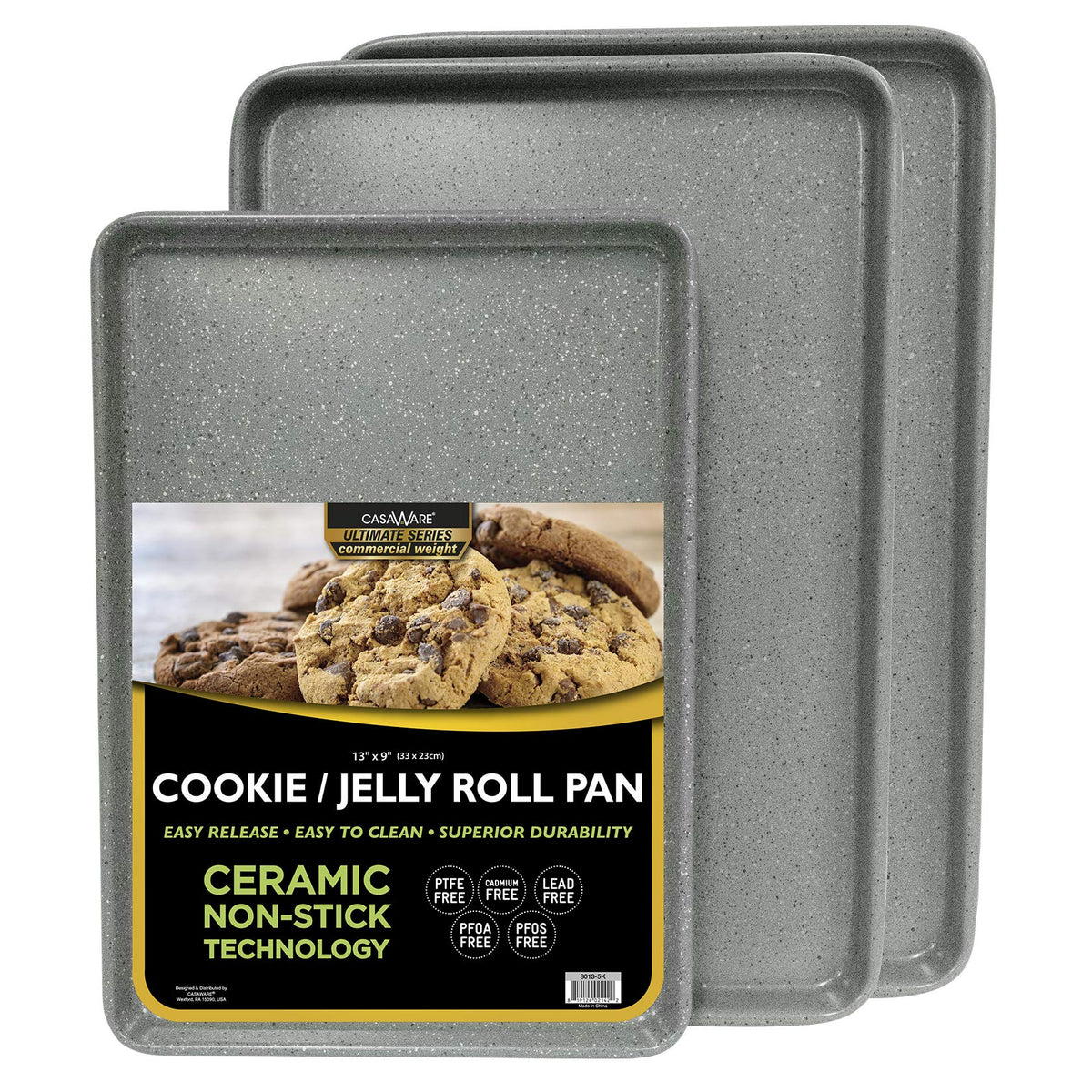 Casaware silver granite cookie sheet set, front view, durable non-stick surface for easy release.