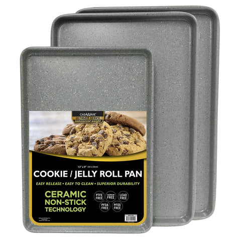 Casaware silver granite cookie sheet set, front view, durable non-stick surface for easy release.