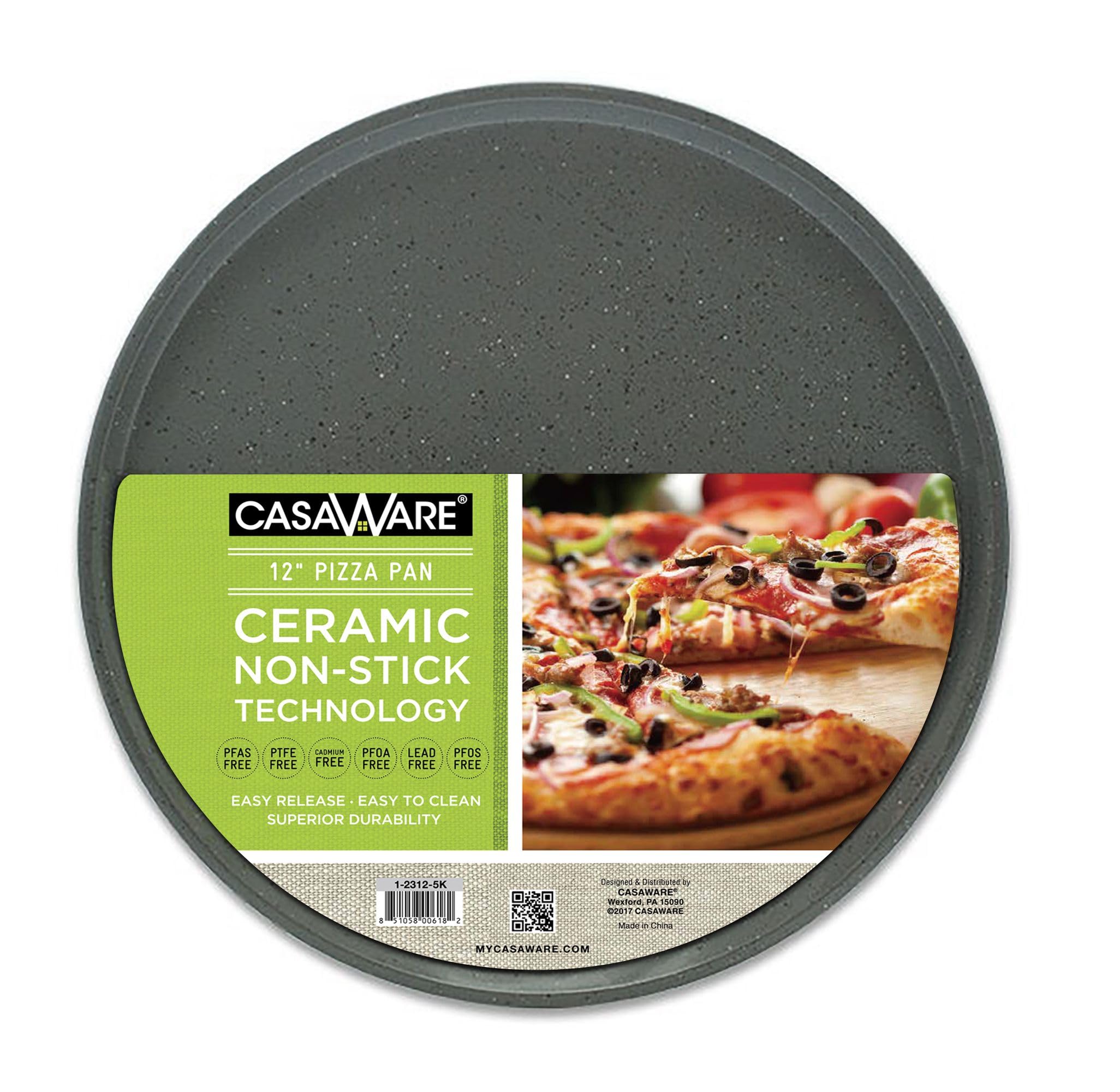 CasaWare pizza pan top view with silver granite coating for easy release.