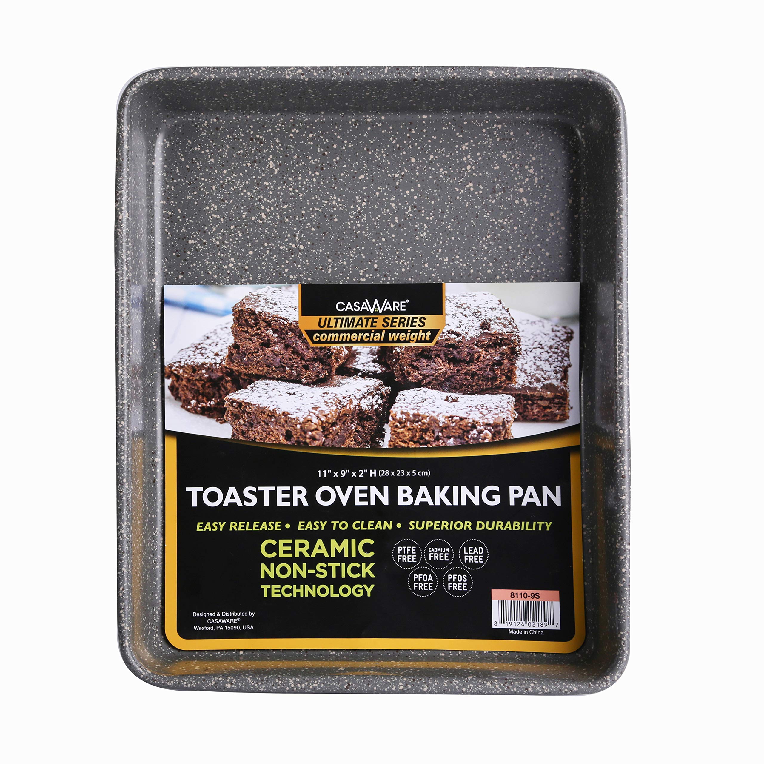 Casaware toaster oven pan with silver granite coating for easy release baking.