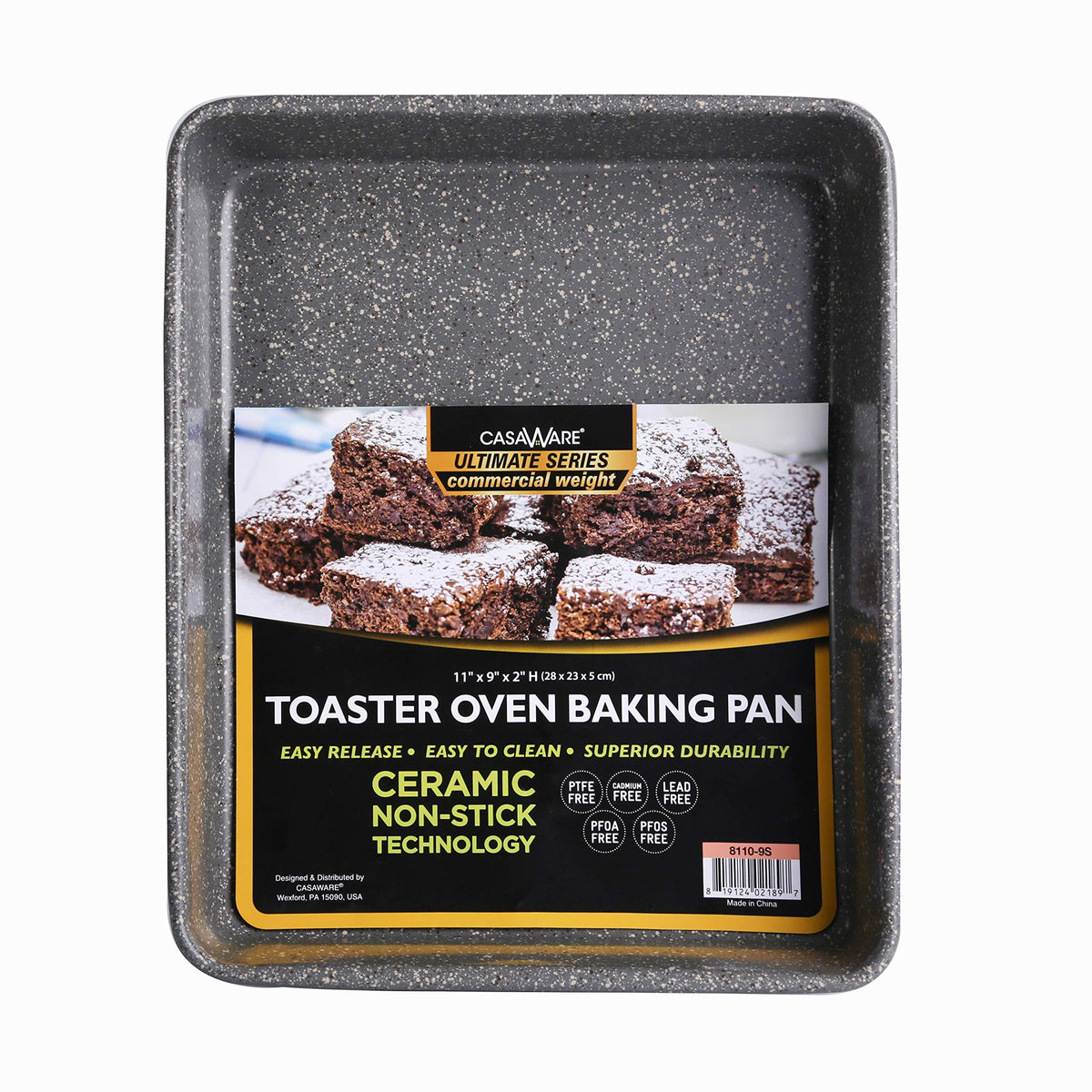Casaware toaster oven pan with silver granite coating for easy release baking.