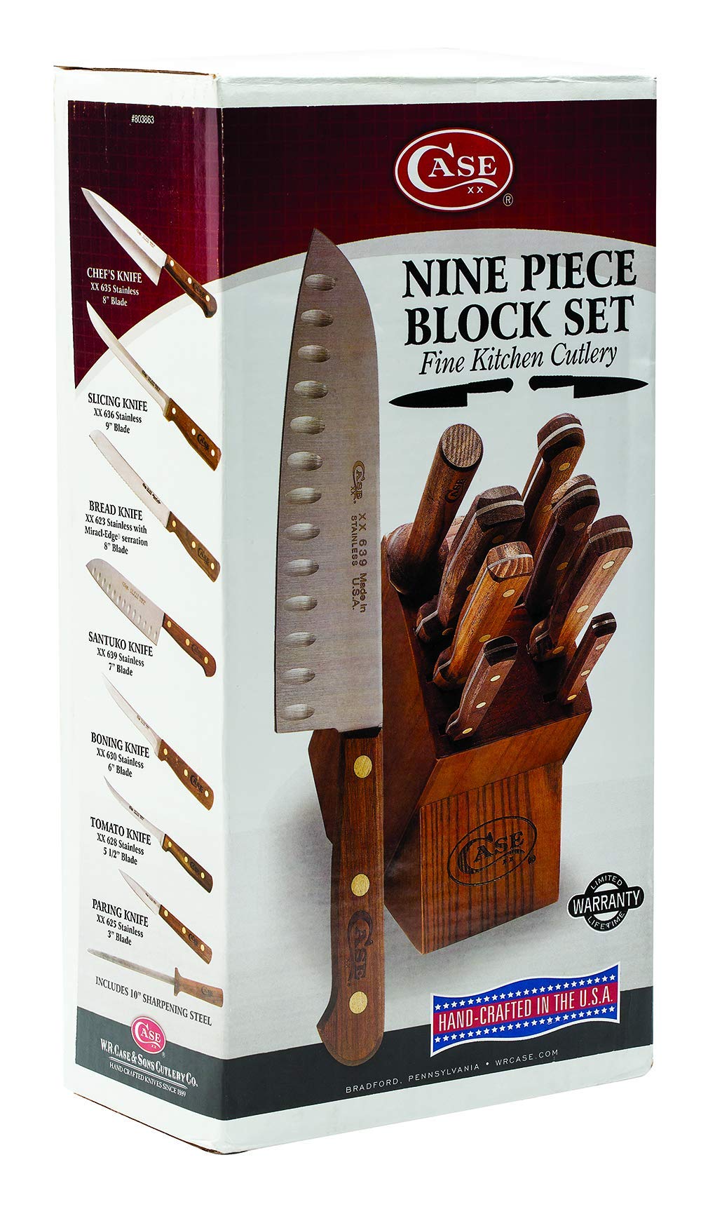 Case household cutlery block with sharpening stick for long-lasting edge maintenance.
