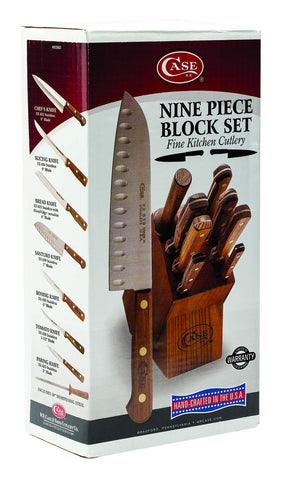 Case household cutlery block with sharpening stick for long-lasting edge maintenance.