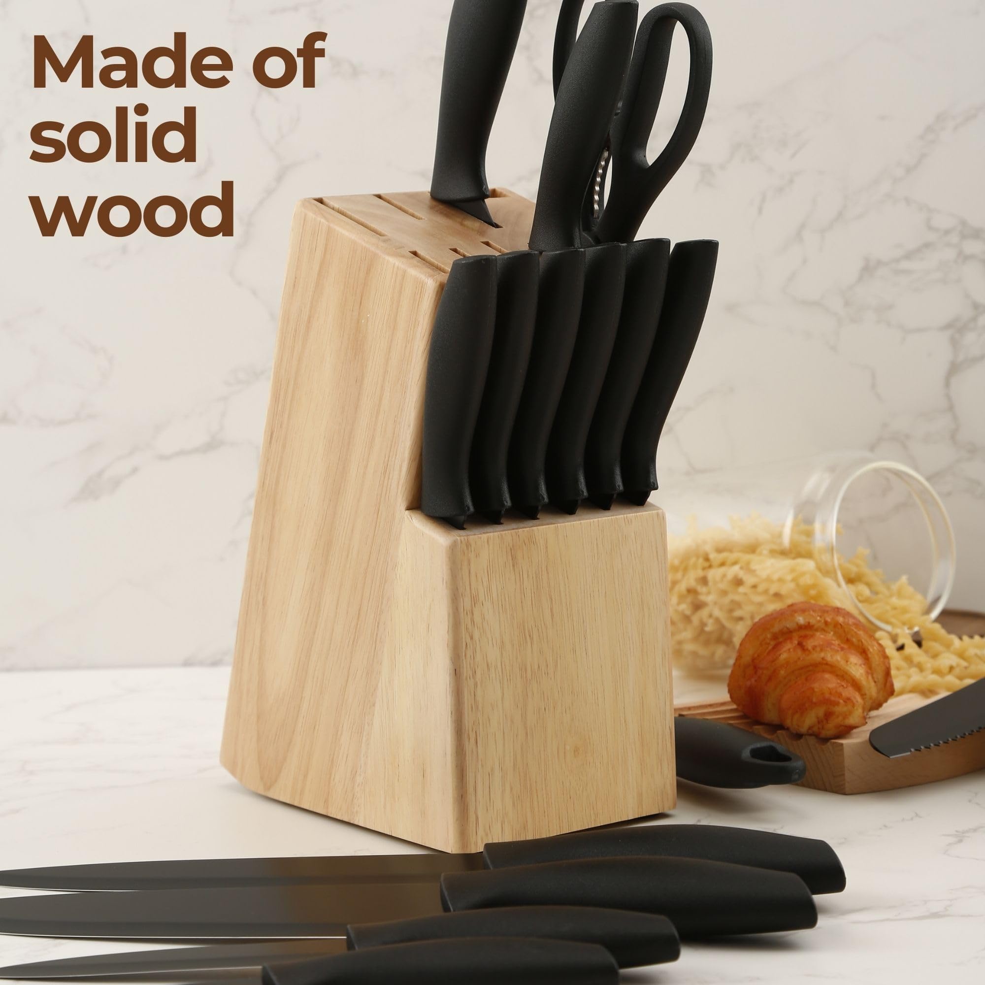 Cassary knife holder on the kitchen counter keeps blades accessible.