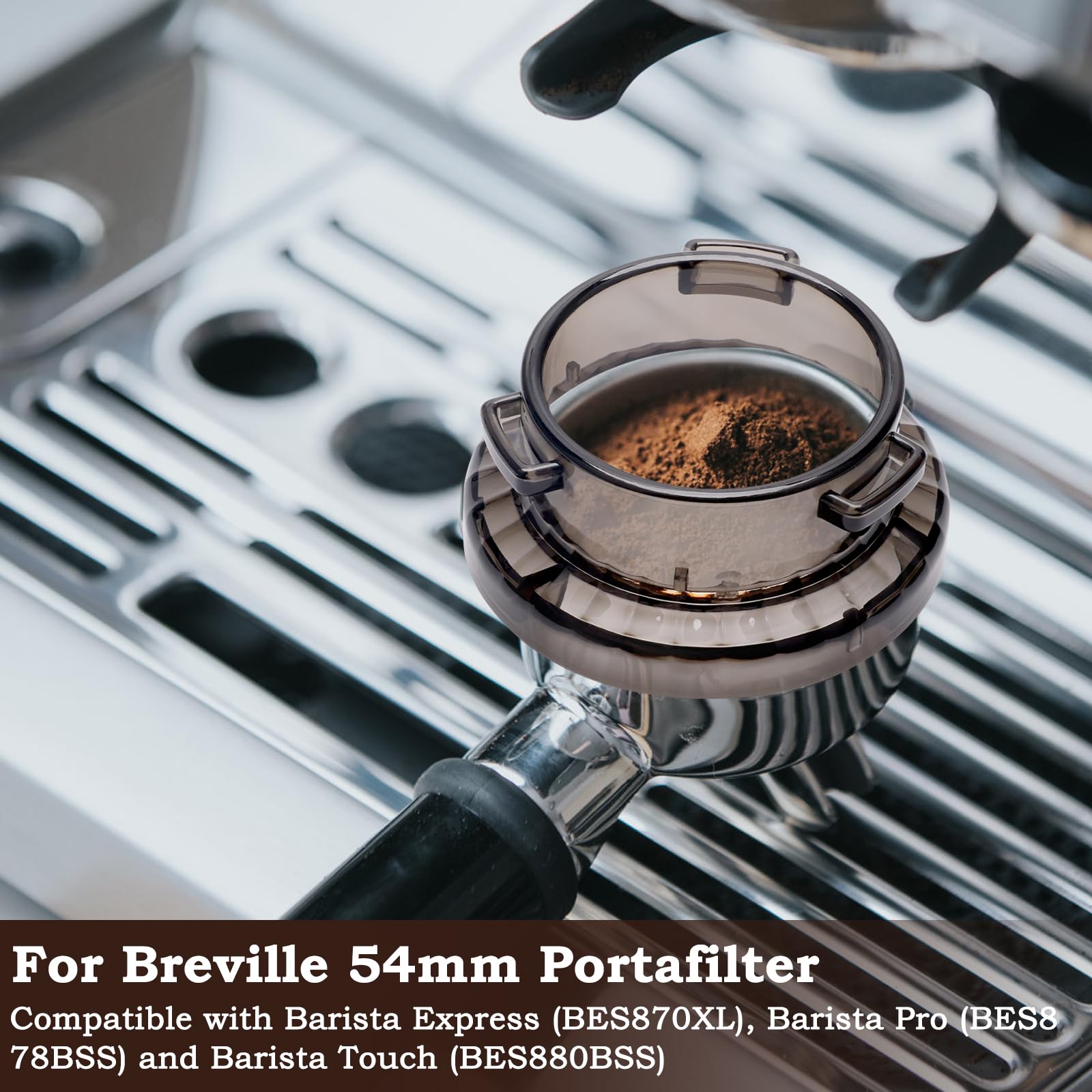 Catcan portafilter dosing funnel under grinder minimizes coffee grounds spill.