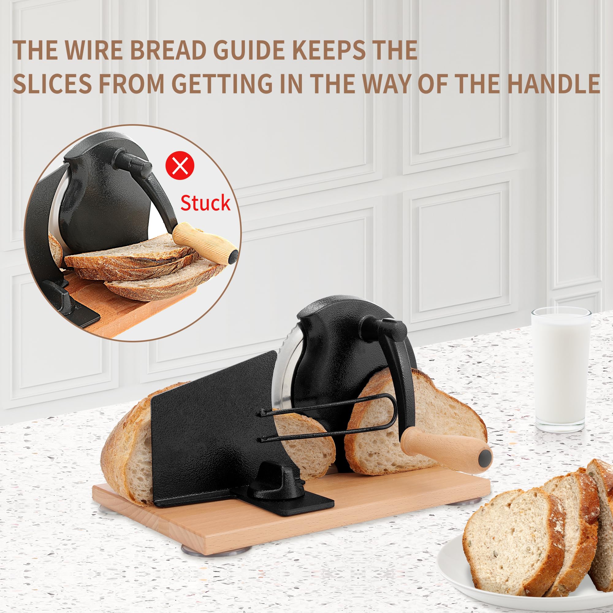 CAWIU bread slicer in use using the hand crank for even cuts