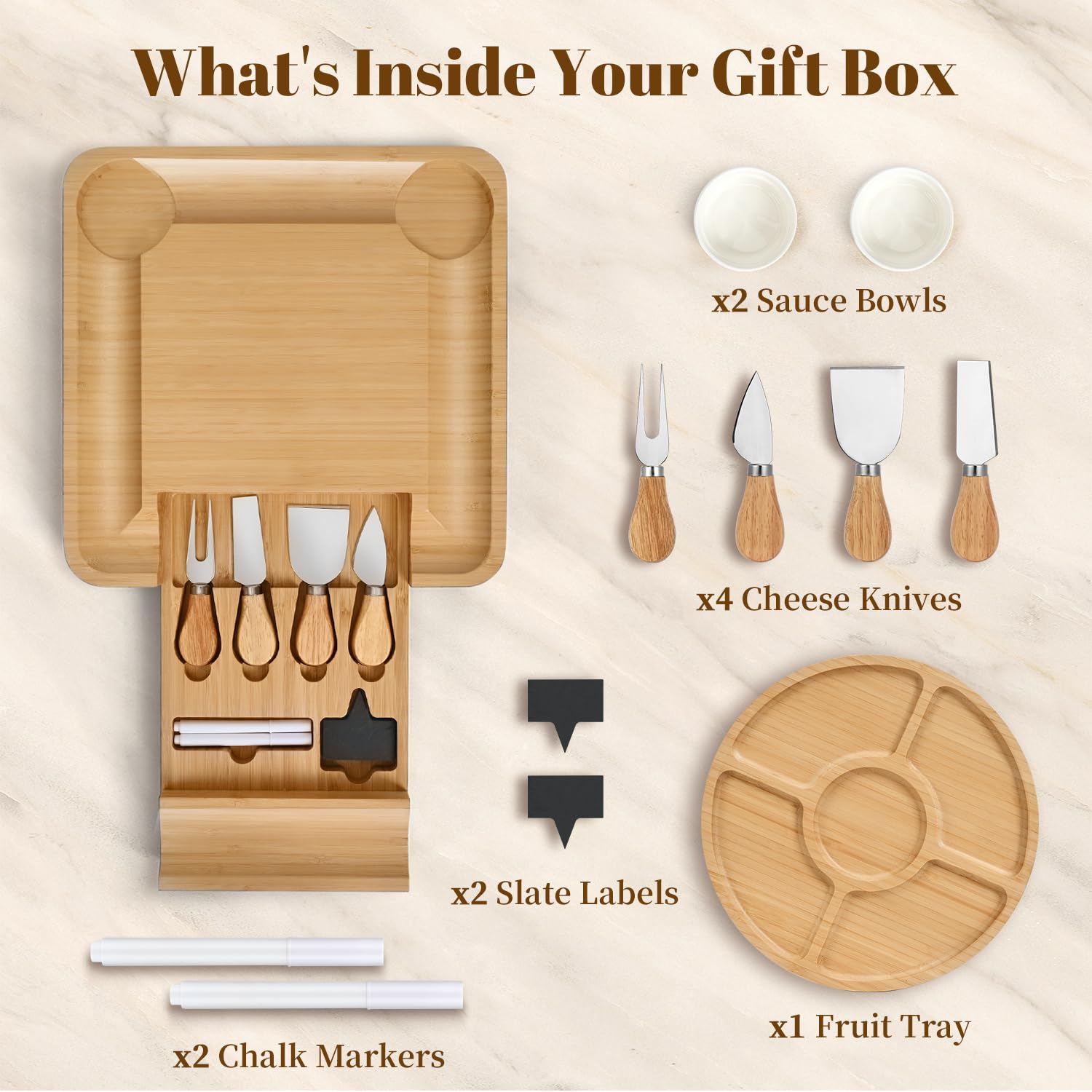 CAWIU board shows hidden drawer with knives for easy prep and serving.