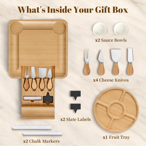 CAWIU board shows hidden drawer with knives for easy prep and serving.