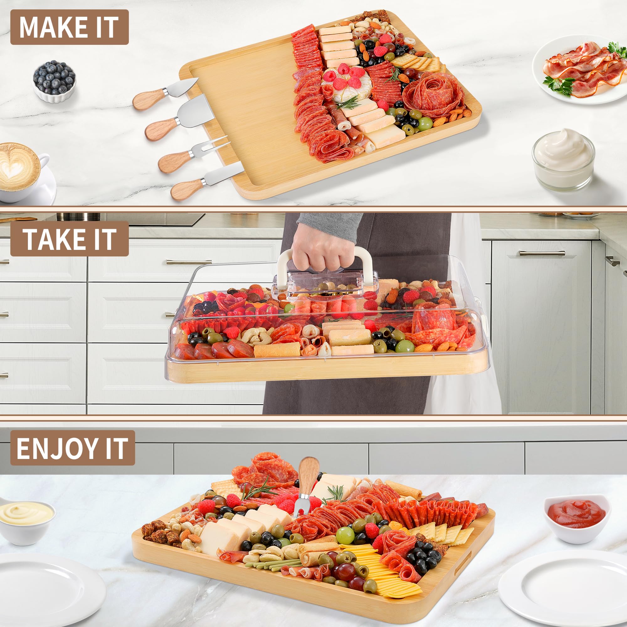 CAWIU large bamboo cheese board with ample space for cheese and fruits.