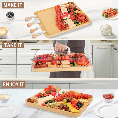 CAWIU large bamboo cheese board with ample space for cheese and fruits.