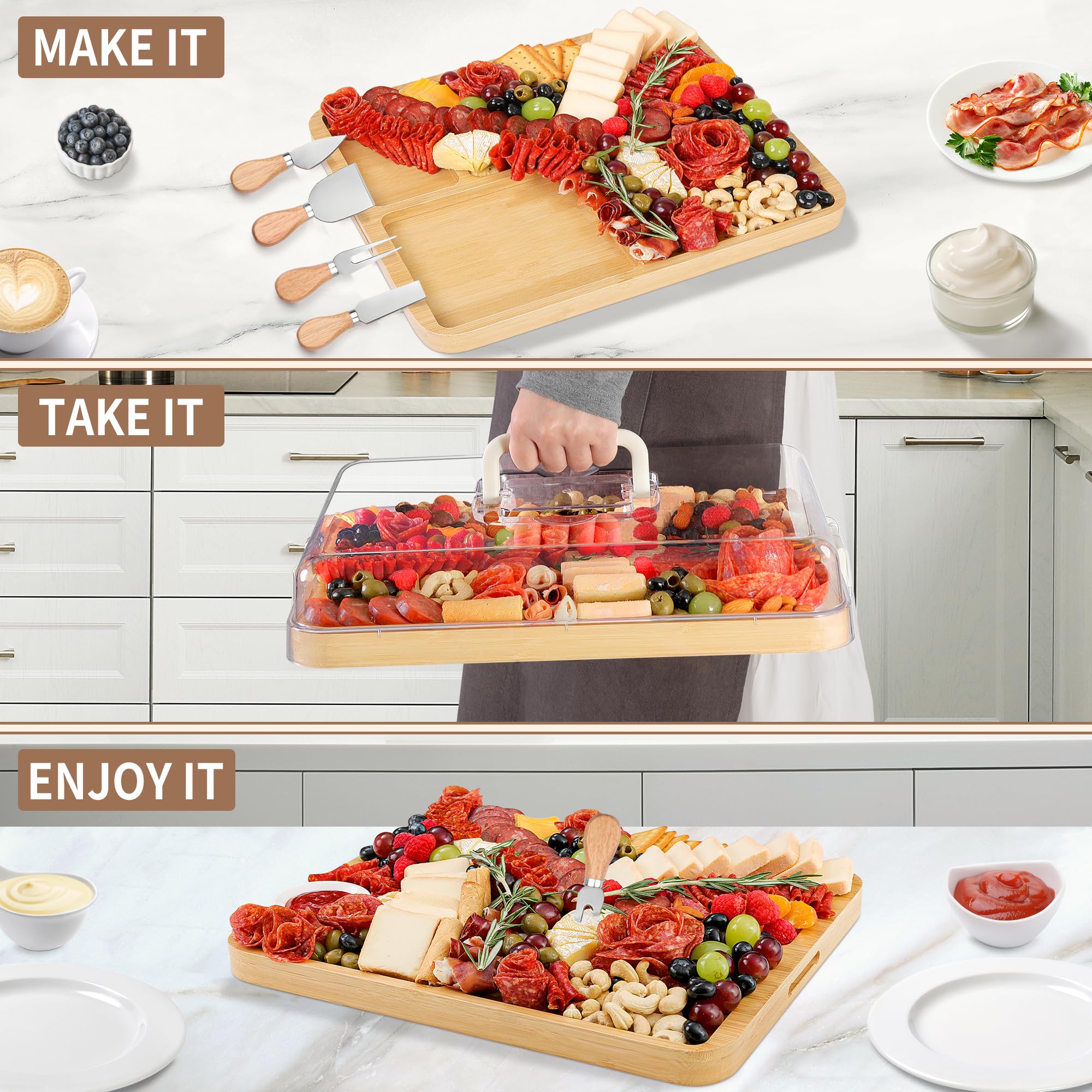 CAWIU large bamboo board features a 4-knife set for easy serving.