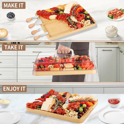 CAWIU large bamboo board features a 4-knife set for easy serving.