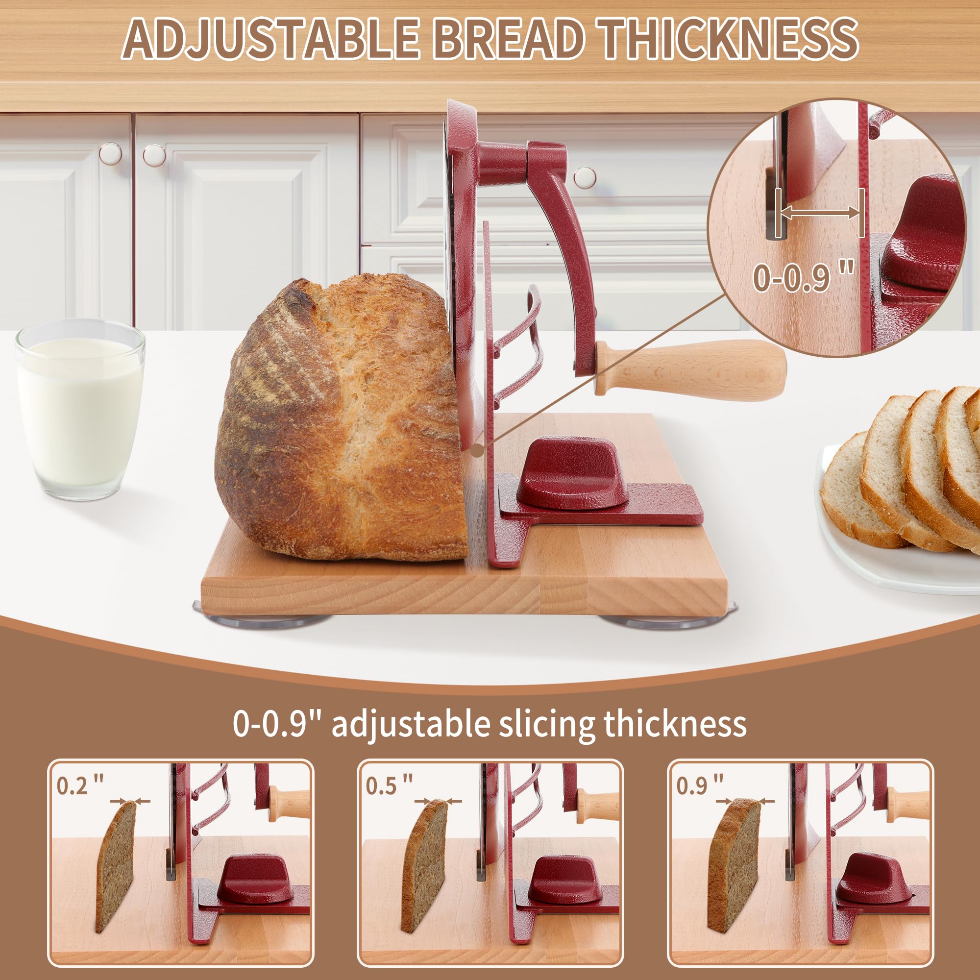 CAWIU bread slicer adjustable thickness knob for customized slice sizes.