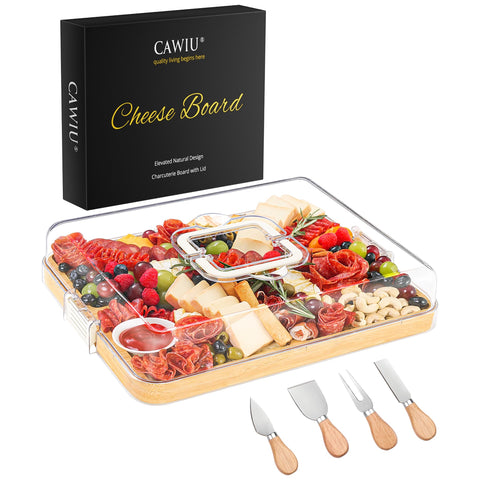 CAWIU portable charcuterie board with lid and handle for secure transport.