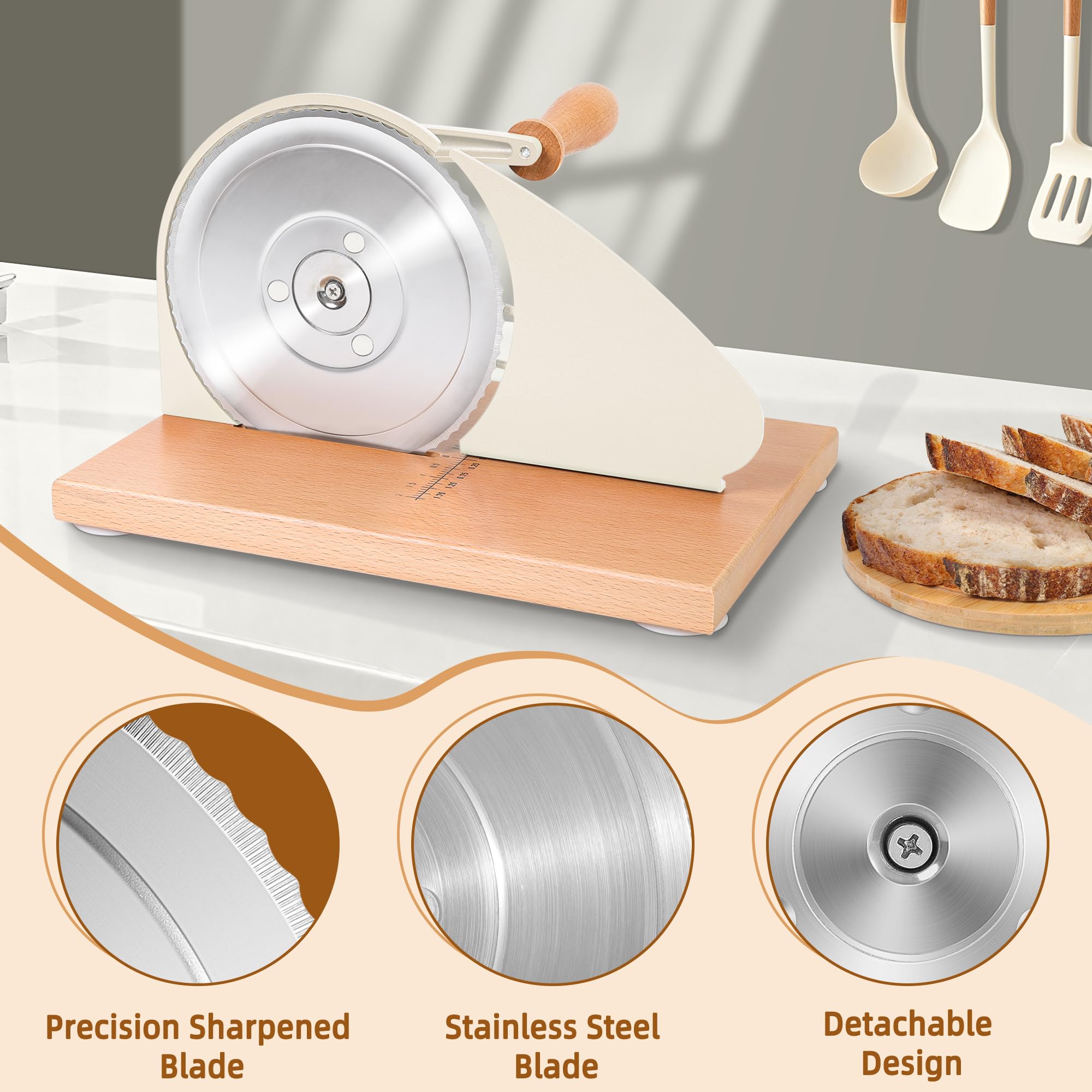 Metal guide and sharp blade for consistent slices on CAWIU slicer