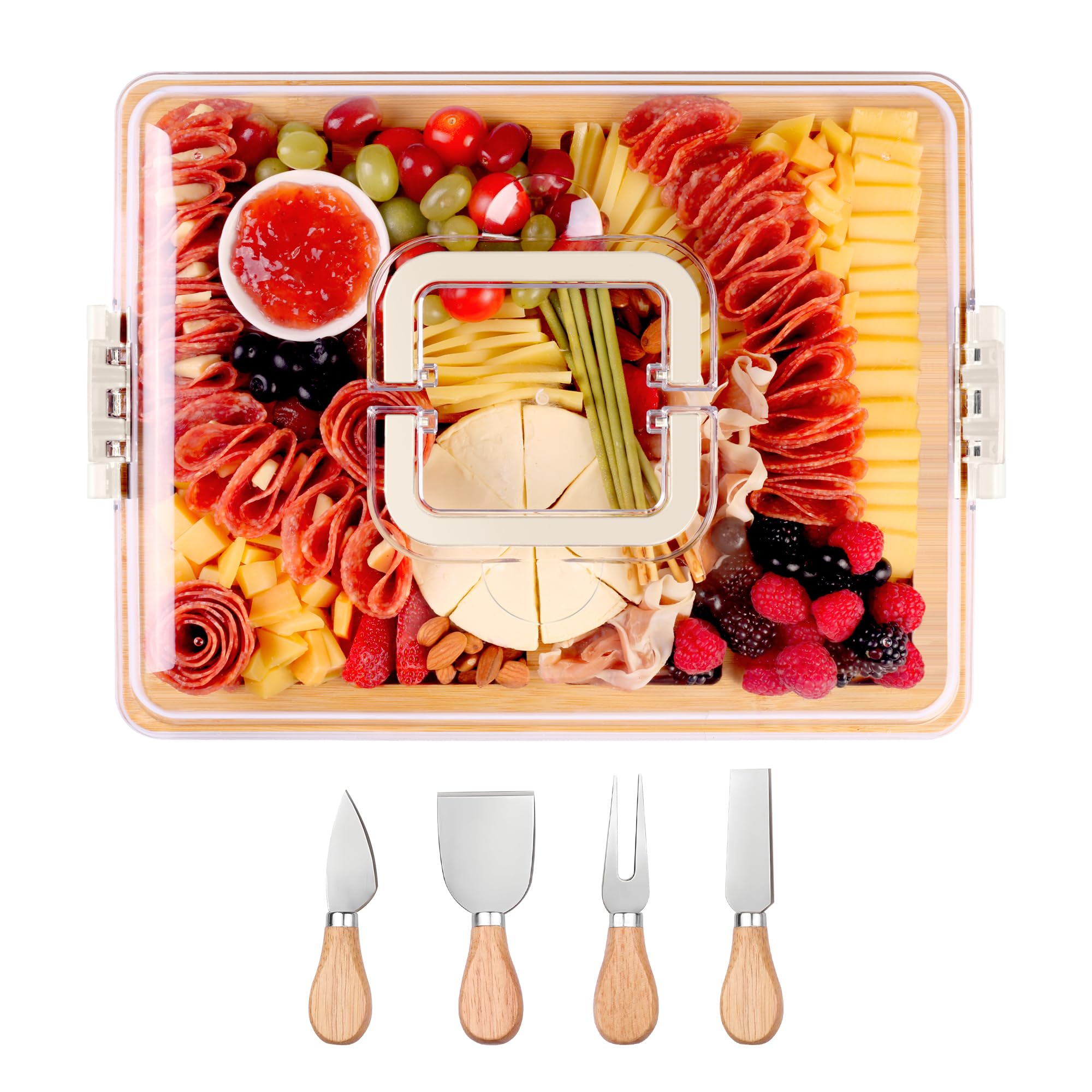 CAWIU charcuterie board with lid and handle, travel-friendly presentation for gatherings.