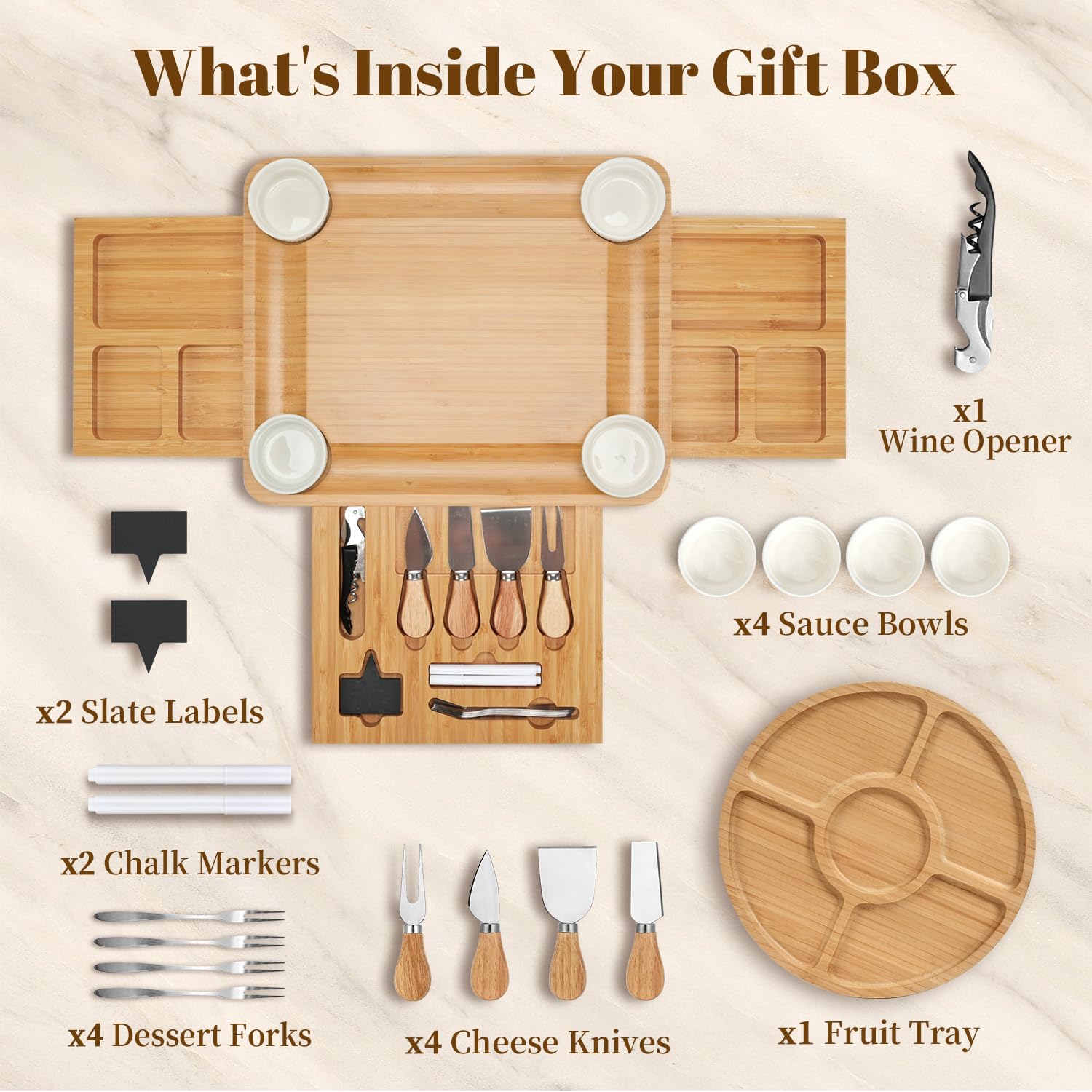 CAWIU charcuterie board with utensils and drawers for organized entertaining