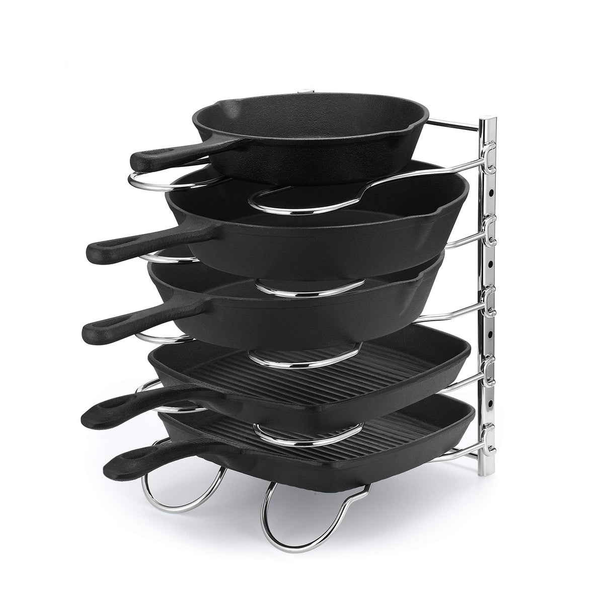 CAXXA heavy-duty pan rack in chrome keeps cookware organized and accessible.