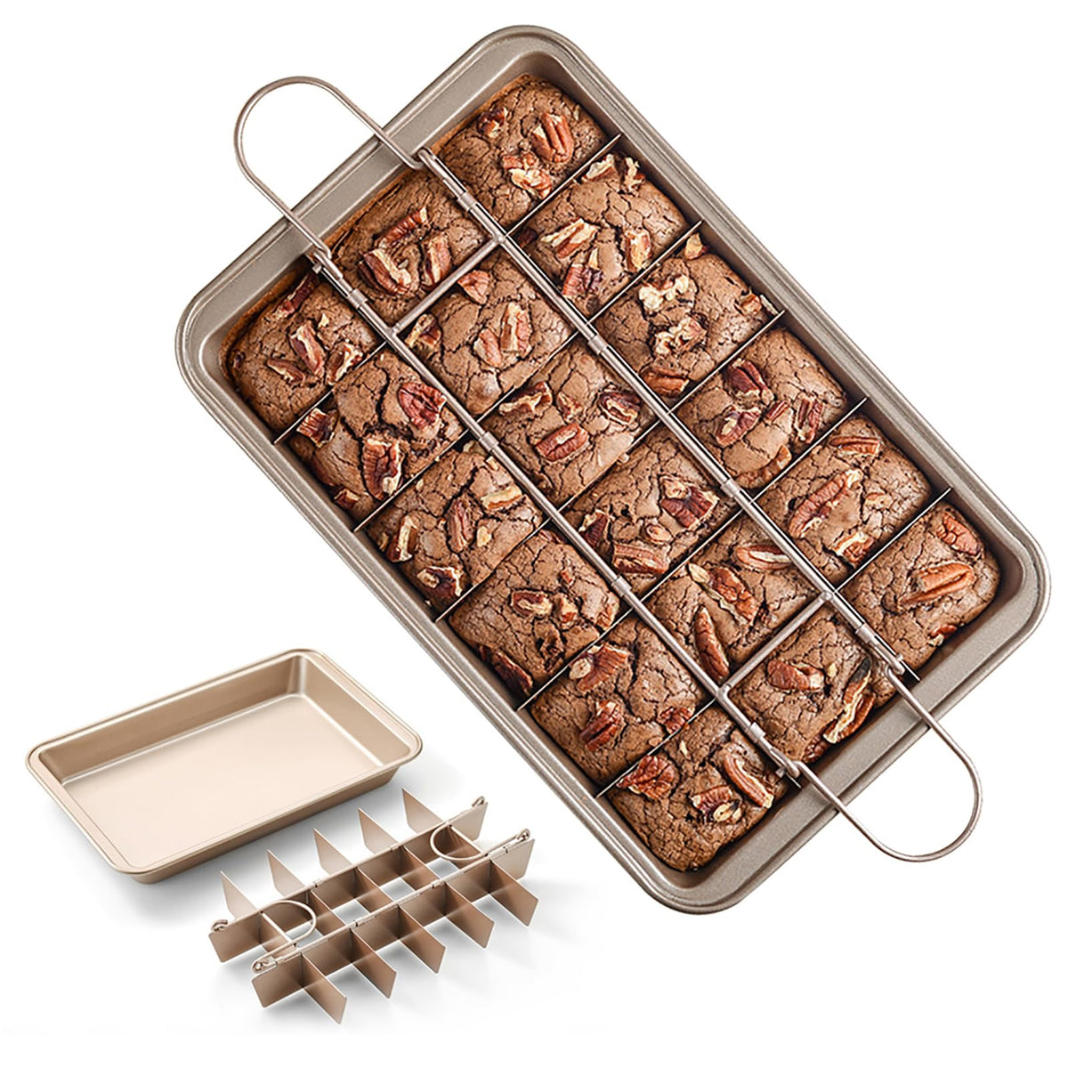 Cayanmydery brownie pan with 18-slice divider for easy portioning.