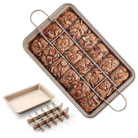 Cayanmydery brownie pan with 18-slice divider for easy portioning.