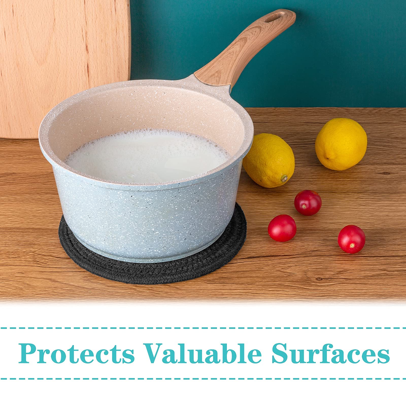 Cazzon heat-resistant mats guard countertops from heat and serve as decor.