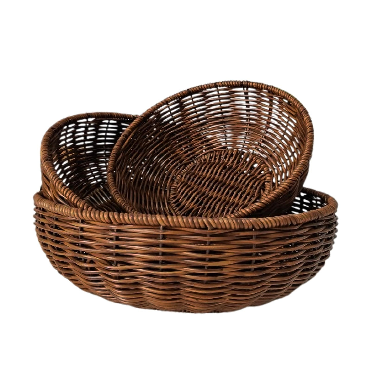 CBAOCBKVH set of 3 small round wicker baskets for organized kitchen storage and serving.