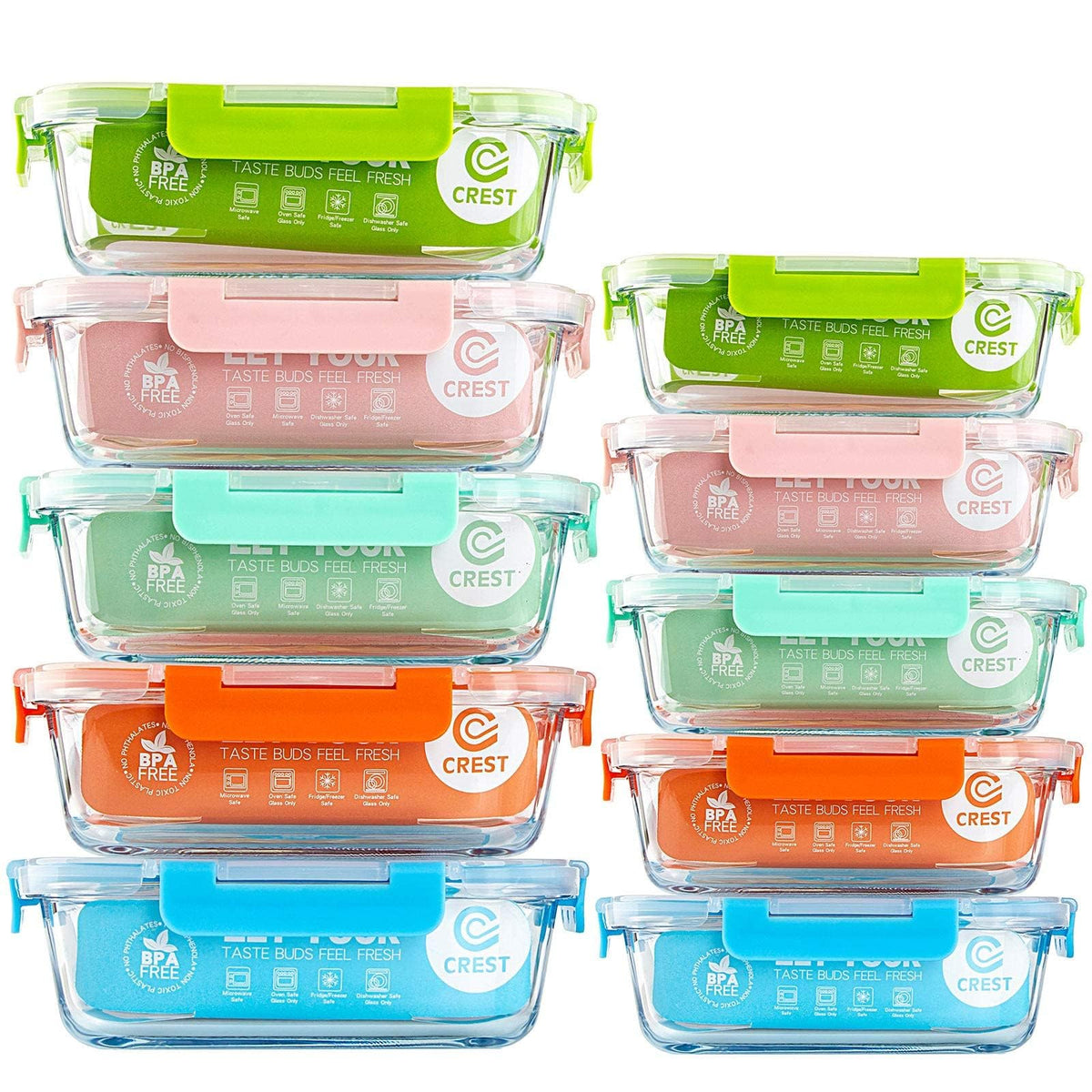 CCREST 10-pack glass storage containers with colorful lids for meal prep.