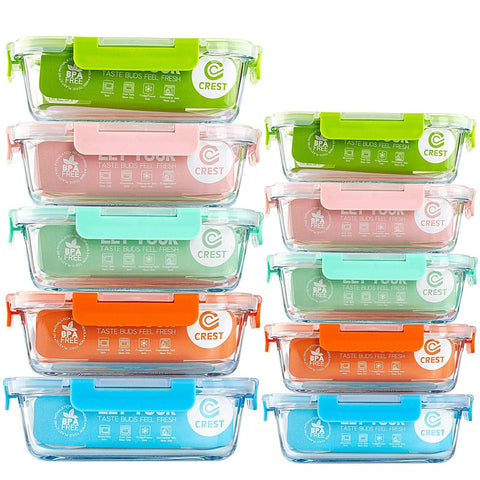 CCREST 10-pack glass storage containers with colorful lids for meal prep.
