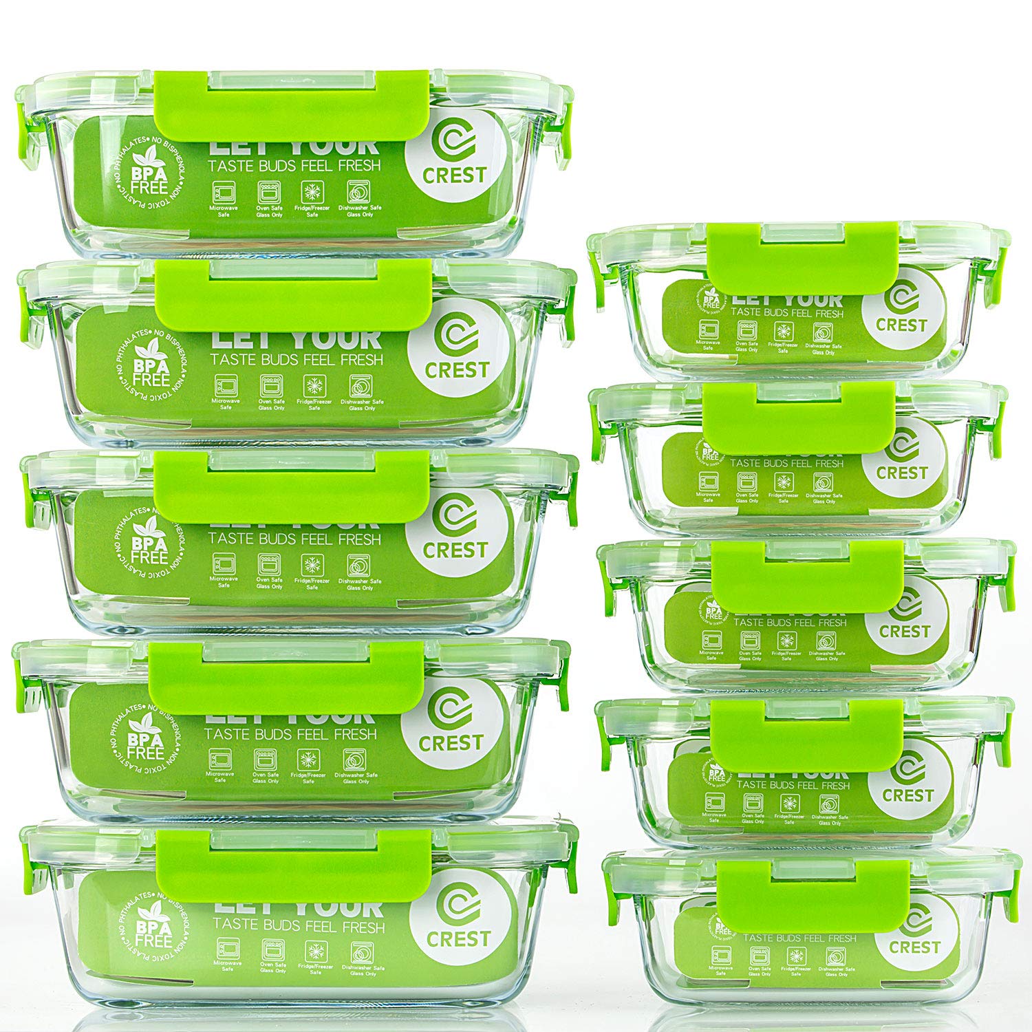 C CREST glass meal prep container stacks for space-saving storage.