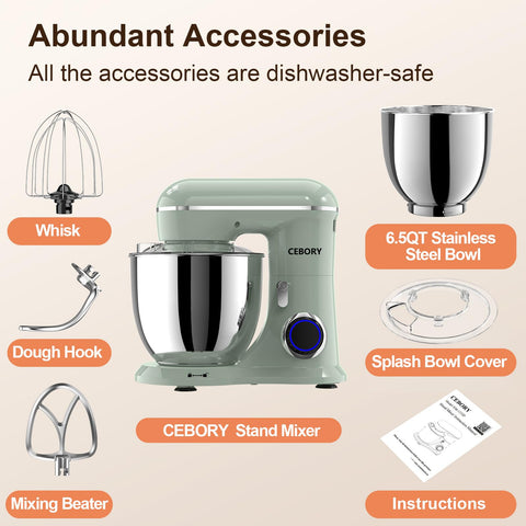 CEBORY attachments in use highlight dough hook and beaters for doughs.