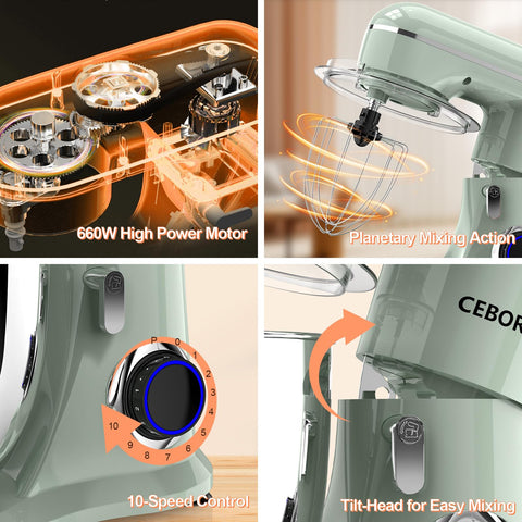 CEBORY green tilt-head bowl enables easy attachment changes.