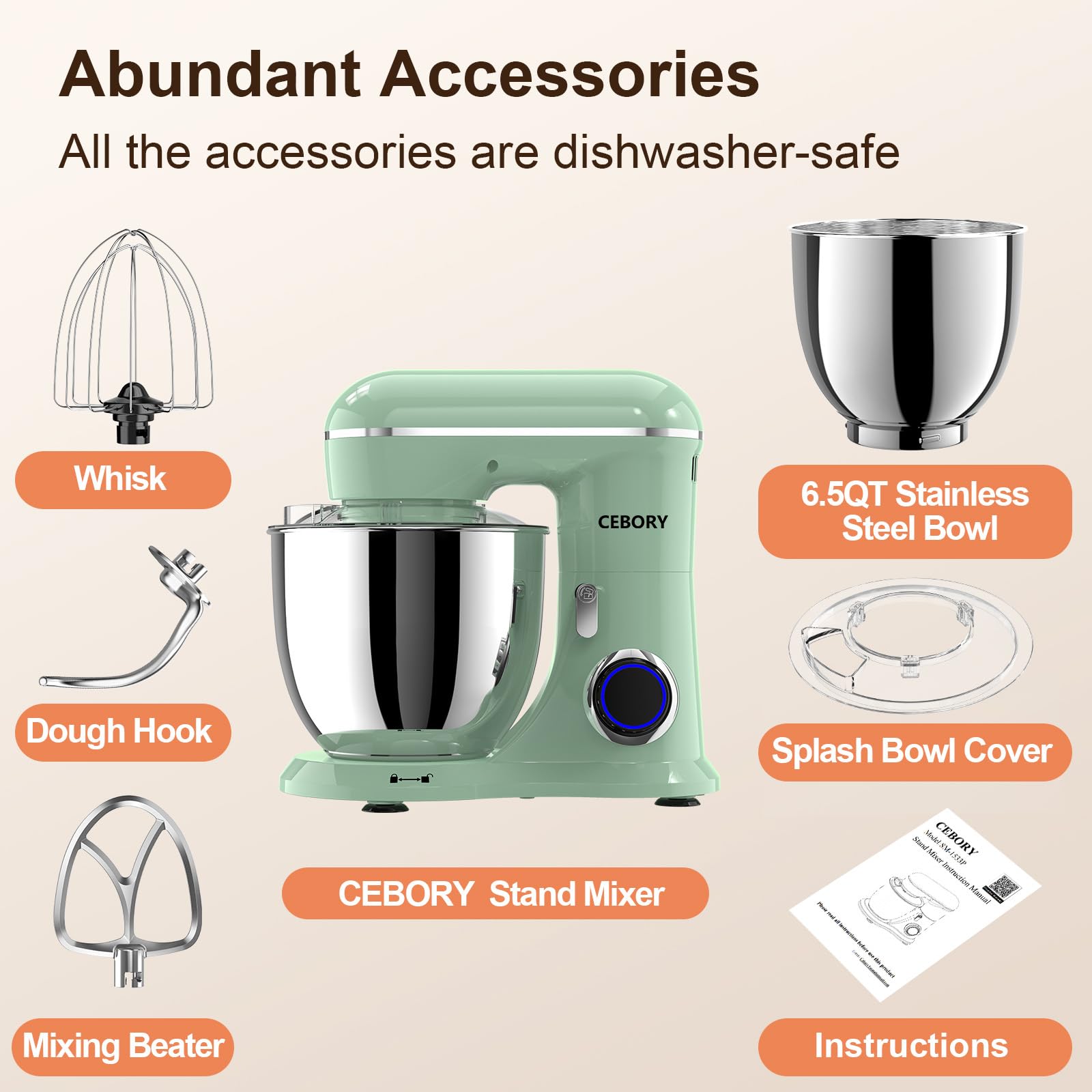 CEBORRY attachments dough-hook-beater-whisk for smooth mixing and kneading.