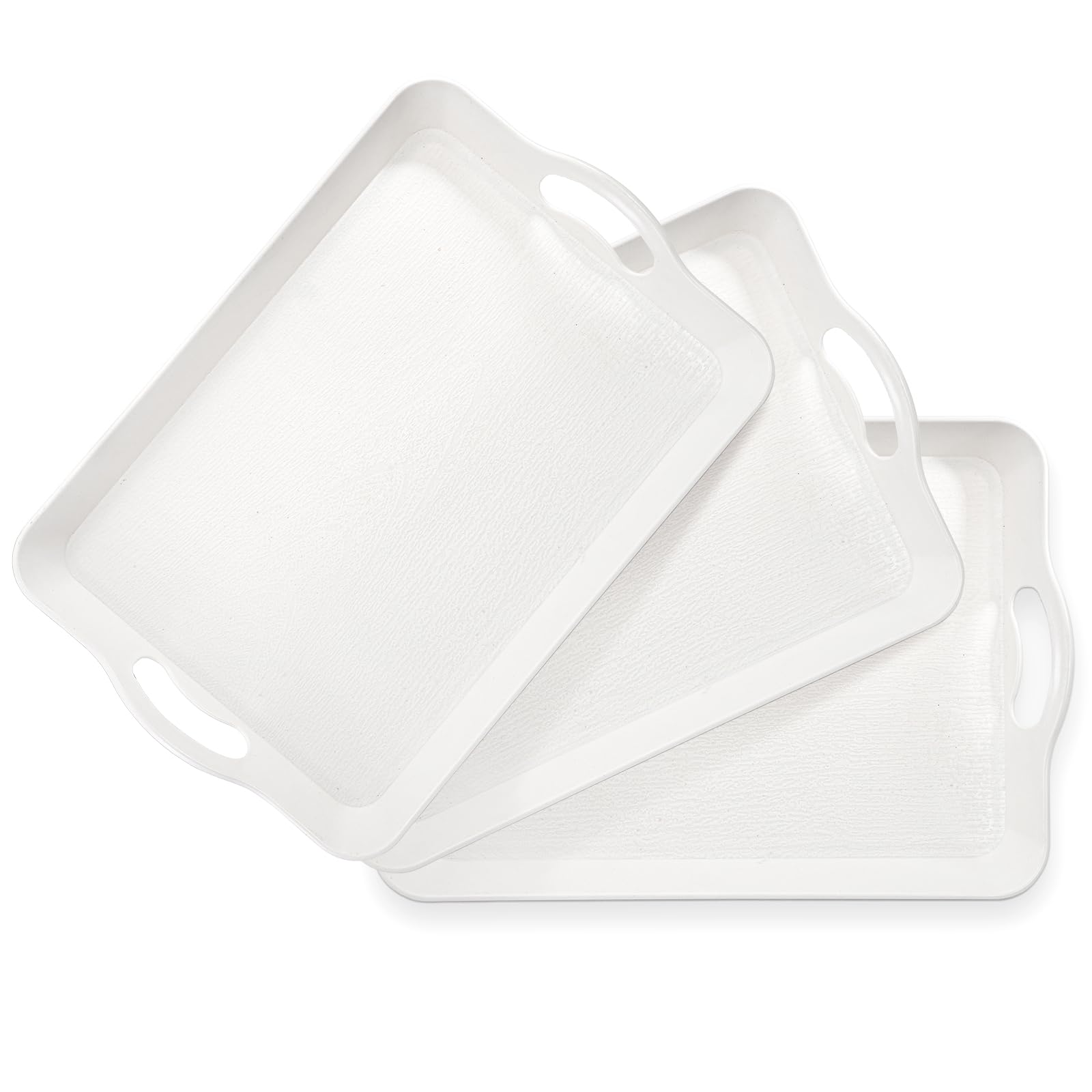 Cedilis 3-pack serving trays with handles, white, stackable for easy transport.